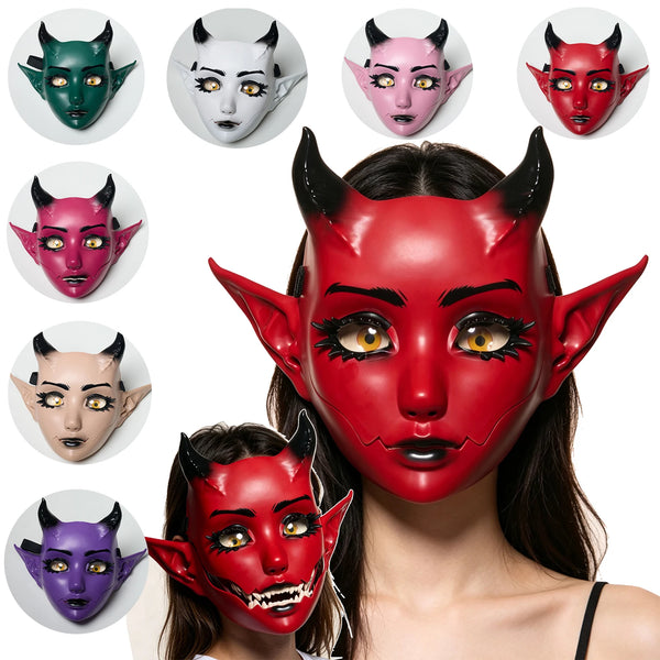 A display of various colored horned fantasy creature masks, including green, white, pink, and red, worn on a model's face.