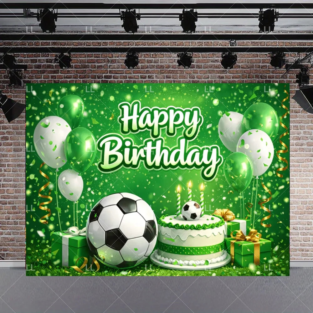 A vibrant green backdrop for a birthday celebration featuring soccer balls, balloons, and a decorated cake.