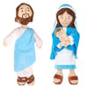 A plush doll depicting a bearded man in a blue robe and a woman with a white dress and blue veil.