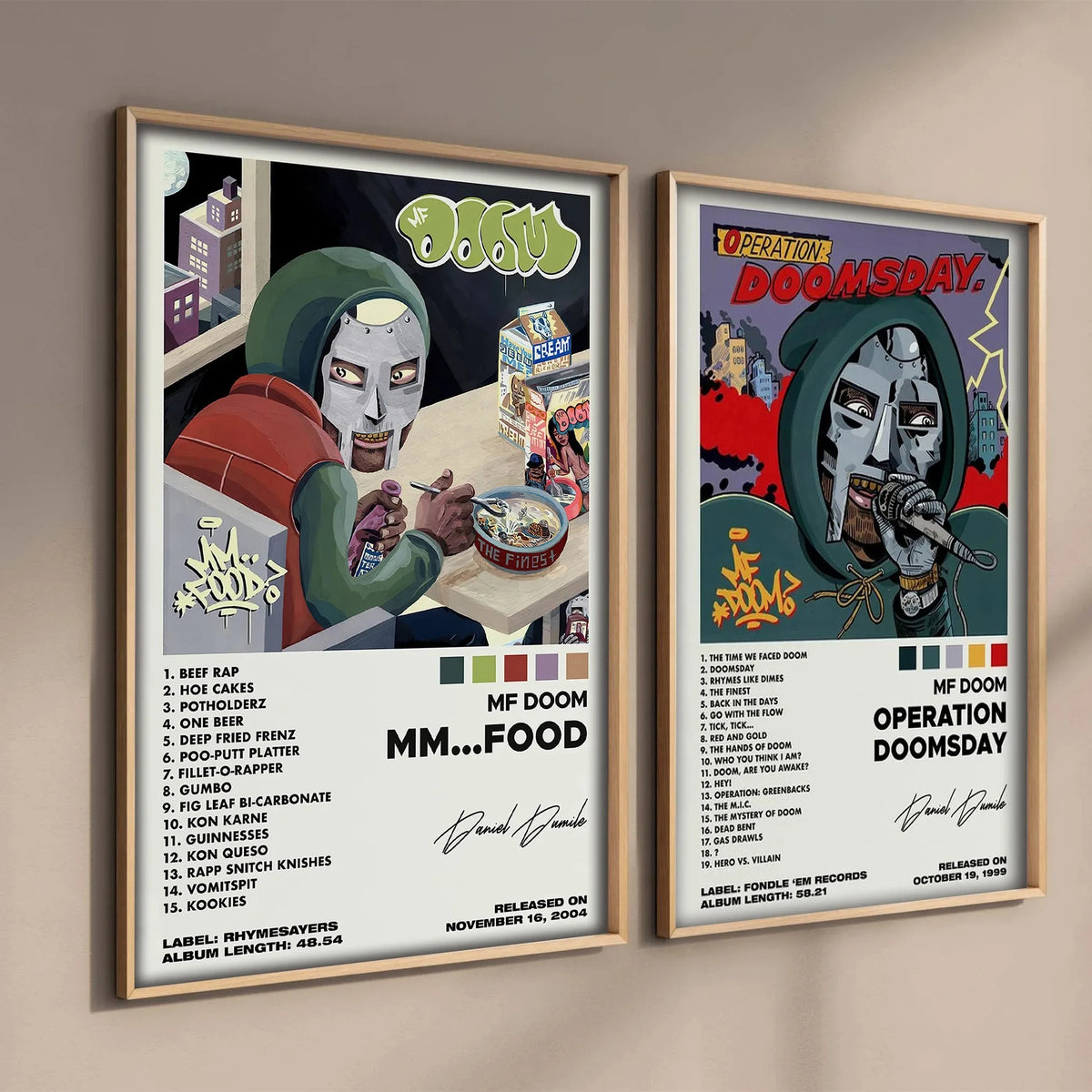 A framed poster featuring MF DOOM artwork and text on a light brown wall.