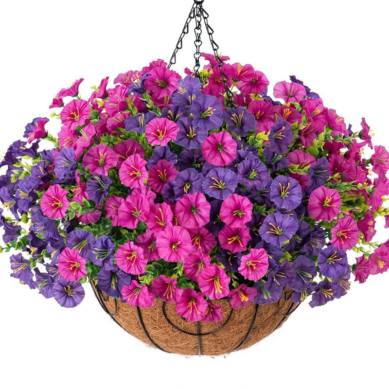 A hanging basket filled with artificial morning glory and eucalyptus flower stems in shades of purple and pink.
