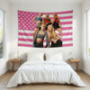 Pink and white striped tapestry featuring five female models in various outfits for bedroom wall decor