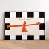 A black and white checkered canvas print featuring an orange stick figure saying I love you this much