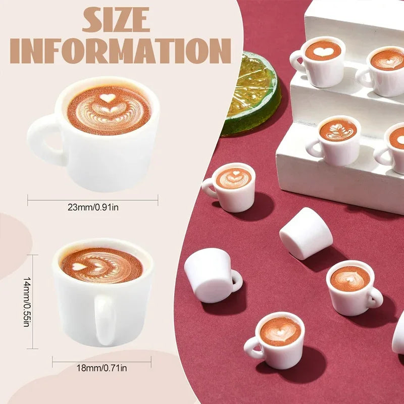 A set of miniature white resin coffee mugs with latte art displayed on a red background.