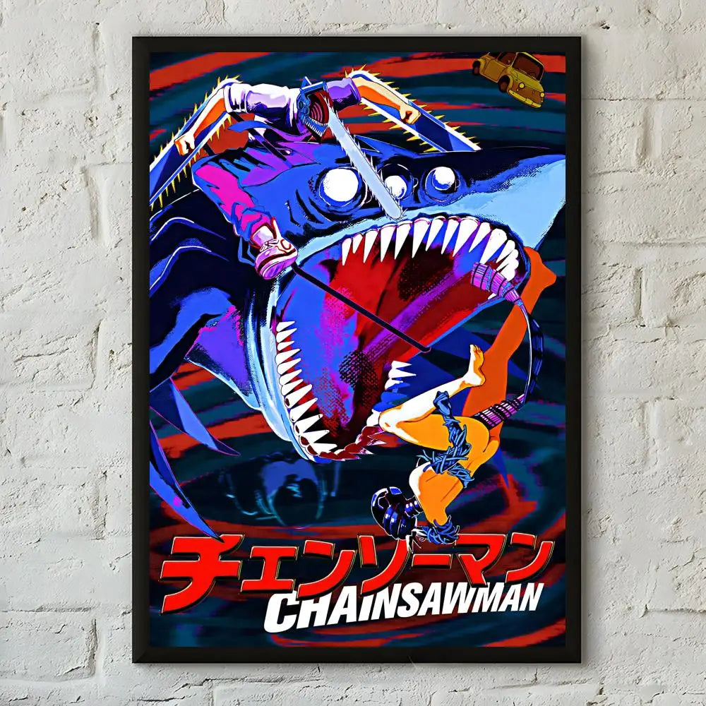 A vibrant anime poster of Chainsaw Man with an open mouth and sharp teeth against a dark background.