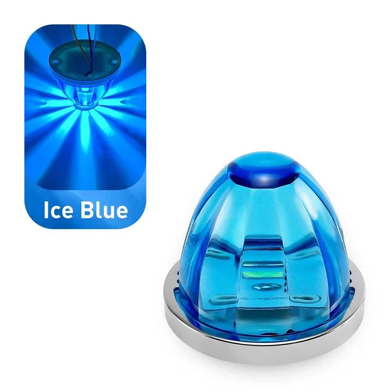 A blue LED side marker light assembly with a silver base and a glowing blue beam effect.