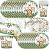 A set of jungle safari birthday decor featuring various animal illustrations on a plate and a cup.