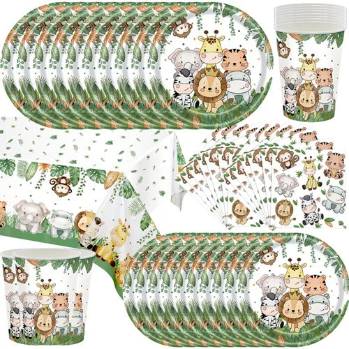 A set of jungle safari birthday decor featuring various animal illustrations on a plate and a cup.