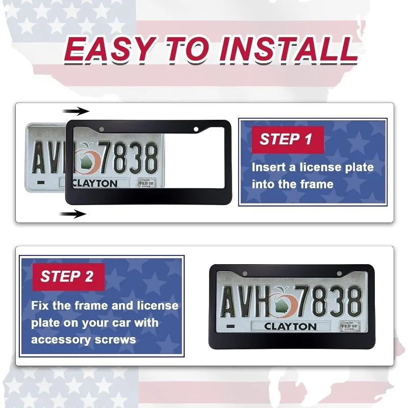 Installation guide showing how to insert a license plate into a frame and secure it with accessory screws.