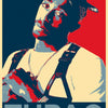 A portrait of Tupac featuring dark skin, a cap, and a red background with blue and white tones.
