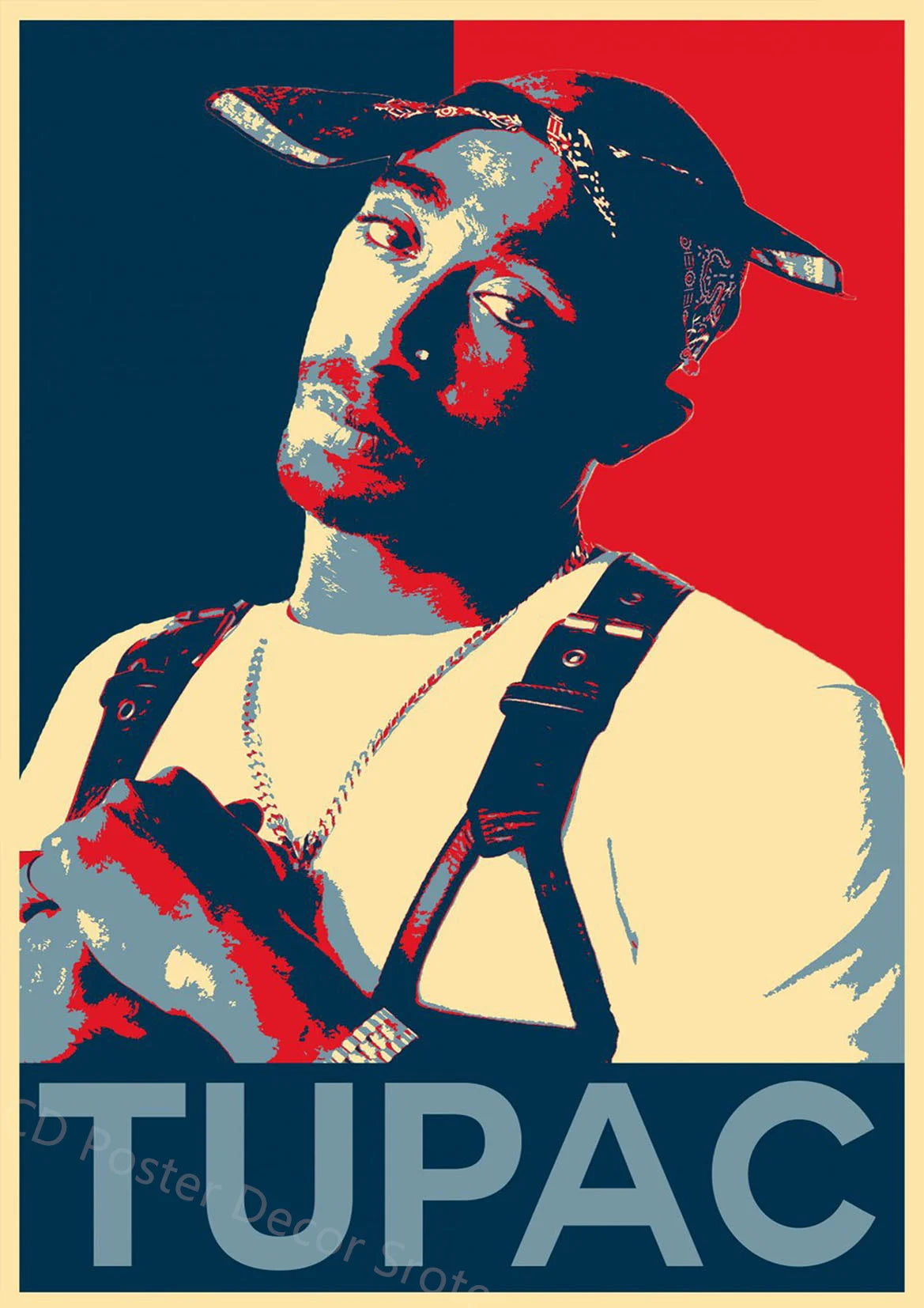 A portrait of Tupac featuring dark skin, a cap, and a red background with blue and white tones.