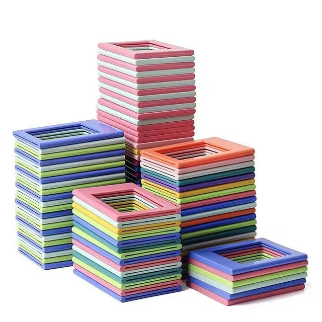 Stacks of colorful magnetic photo frames for Instax mini film