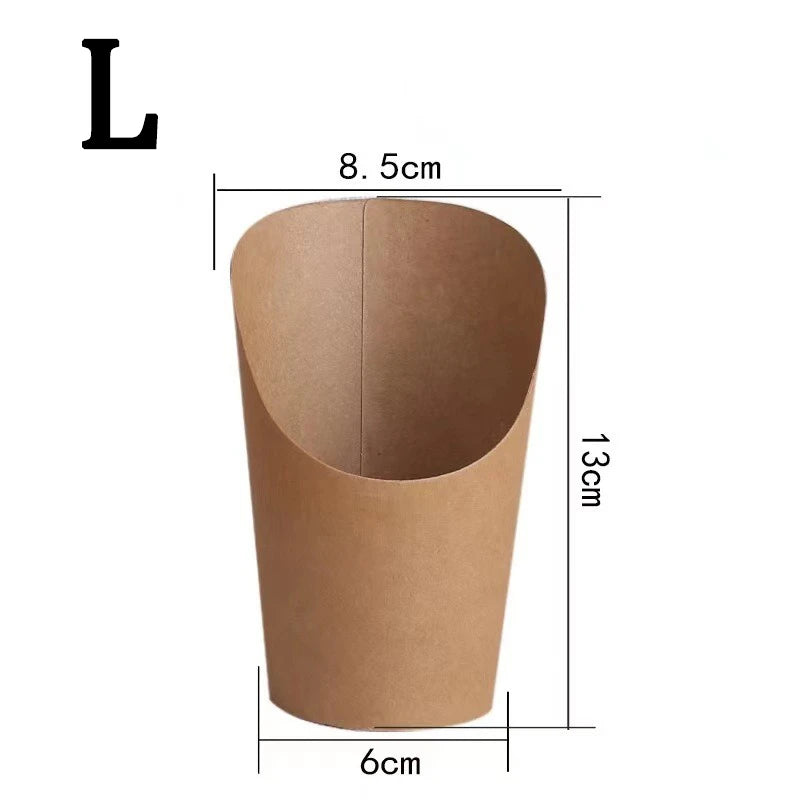 A brown disposable kraft paper French fry cup with dimensions 8.5cm wide and 13cm high.