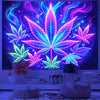 Neon cannabis leaf UV reactive tapestry wall hanging displayed against a dark blue background.