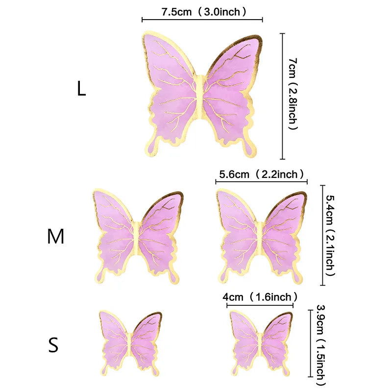 Three butterfly cake toppers in light pink and gold accents, labeled L, M, and S sizes.