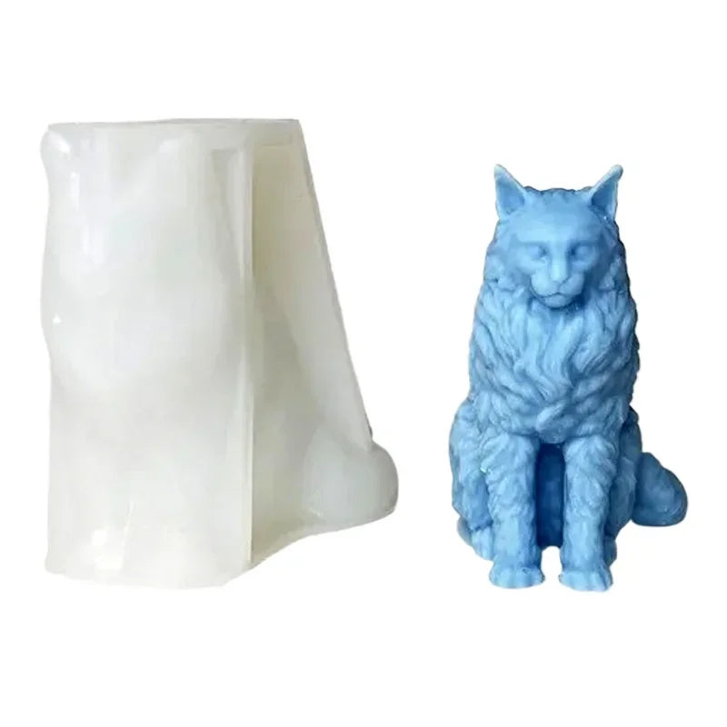 A light blue silicone mold shaped like a sitting cat for DIY crafts.