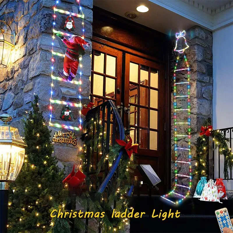 A Christmas ladder light decoration featuring Santa Claus climbing a lighted ladder in front of a wooden door.