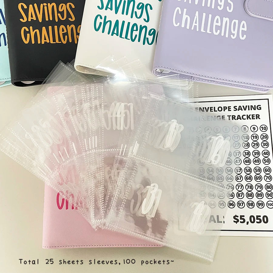 A5 savings challenge binder with 100 envelope saving sheets and numbered pockets