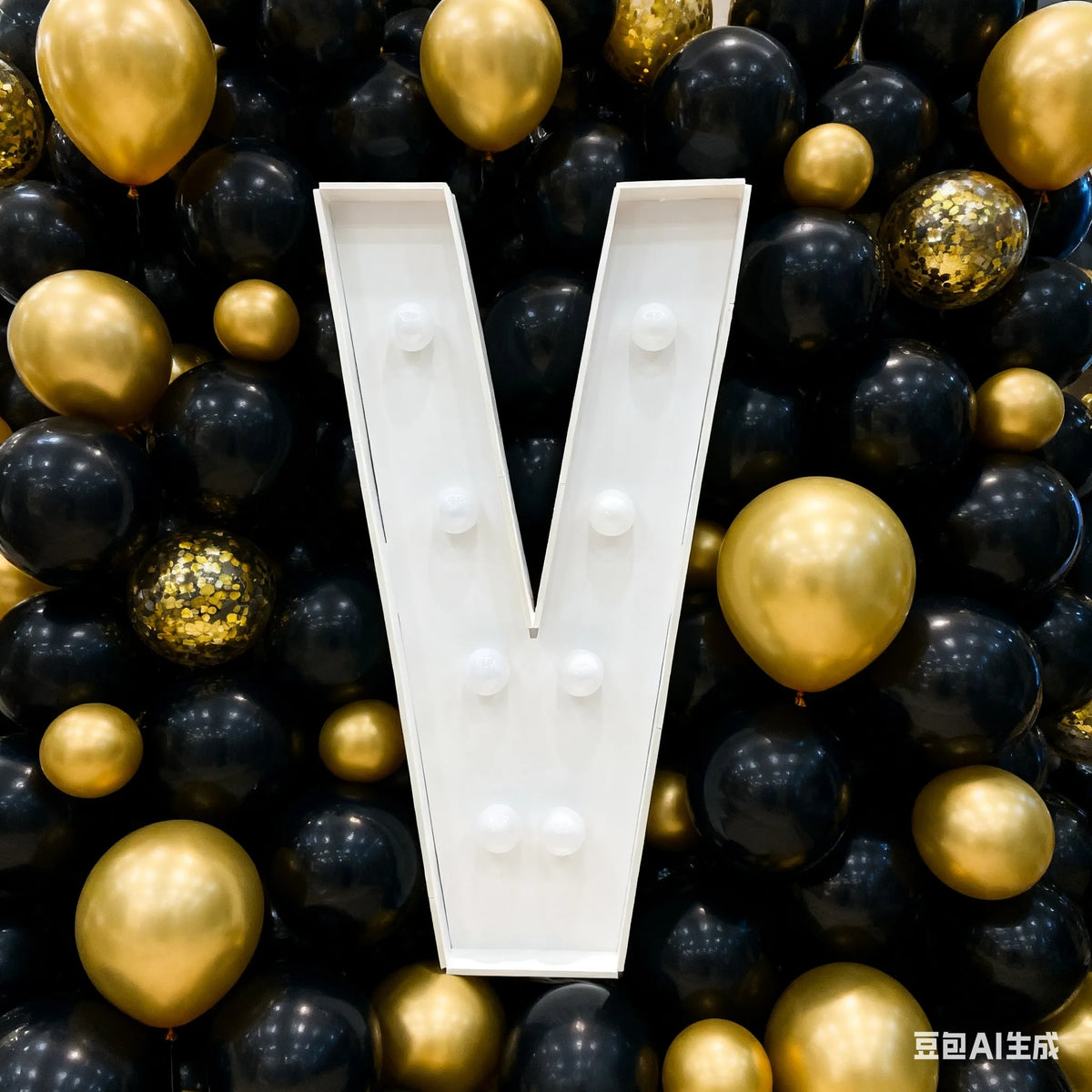 A large white marquee letter shaped like a V is surrounded by a dense arrangement of gold and black balloons for party decor.