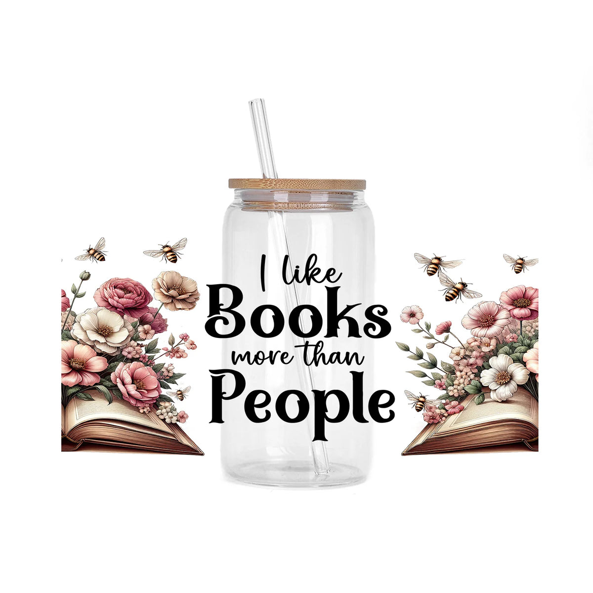A glass jar filled with clear liquid and a straw, surrounded by floral arrangements and open books.