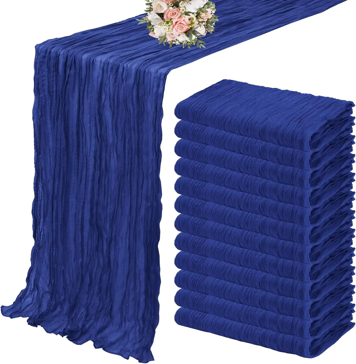 A set of ten terracotta semi-sheer cheesecloth table runners in deep blue fabric.