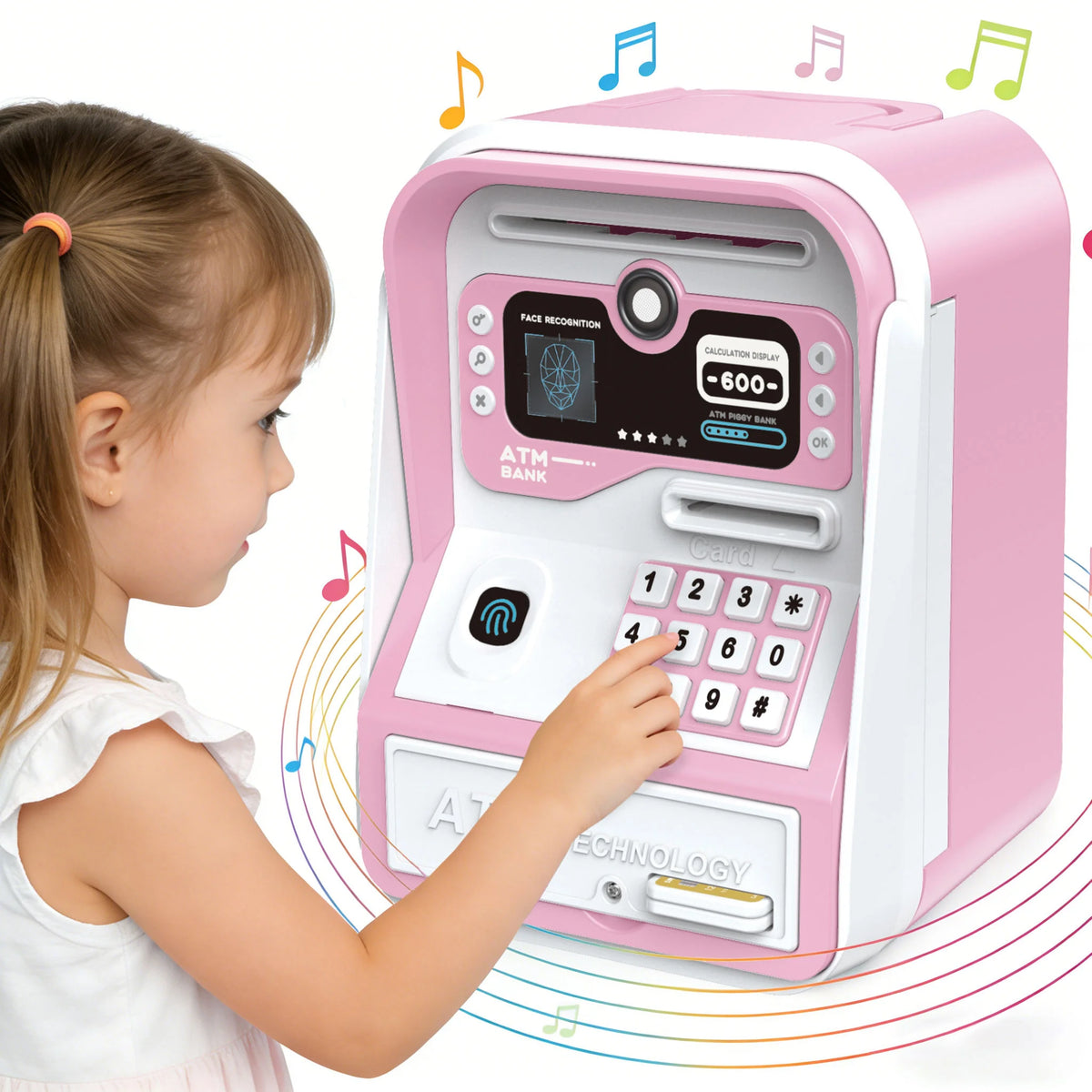 Ein junges Mädchen benutzt eine rosa simulierte Geld-Piggybank als PIN-Zettel, um Geld einzuzahlen.