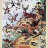 Vintage metal wildlife plaque sign featuring various birds and game animals in flight and on the ground.