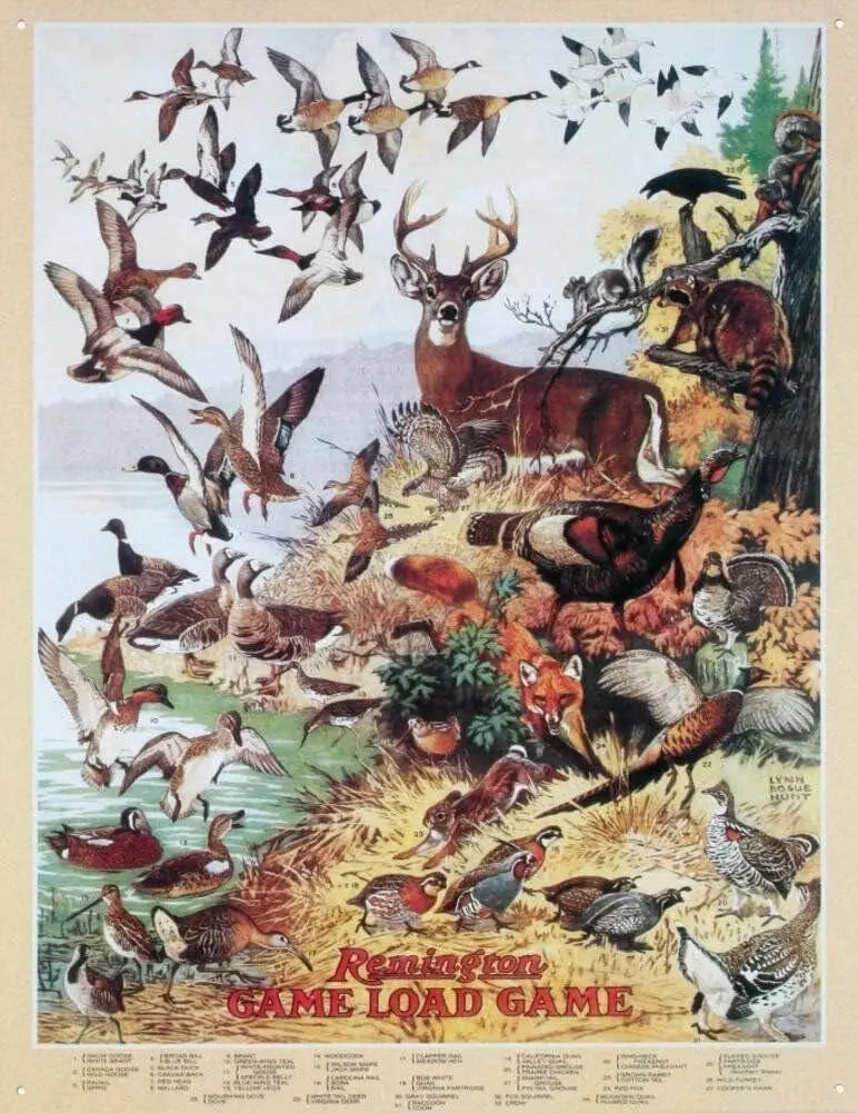 Vintage metal wildlife plaque sign featuring various birds and game animals in flight and on the ground.