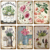 A collection of vintage botanical signs featuring flowers and greenery on aged paper backgrounds.