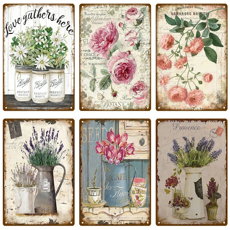 A collection of vintage botanical signs featuring flowers and greenery on aged paper backgrounds.