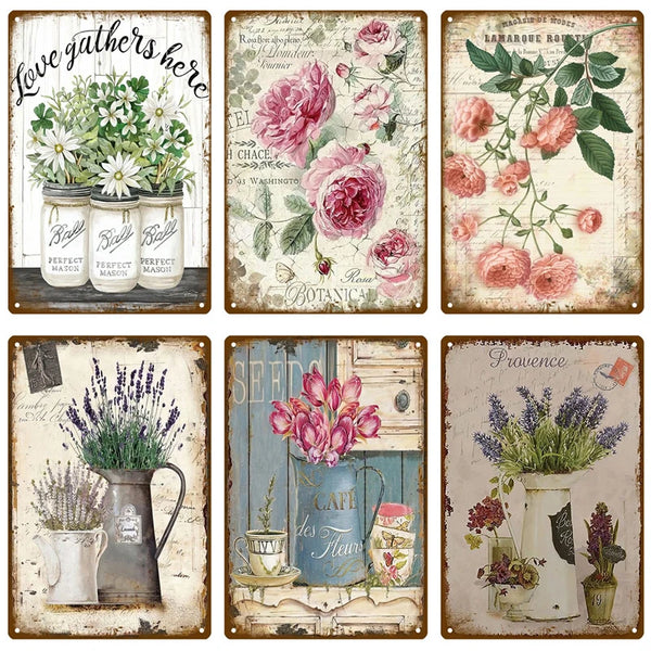 A collection of vintage botanical signs featuring flowers and greenery on aged paper backgrounds.