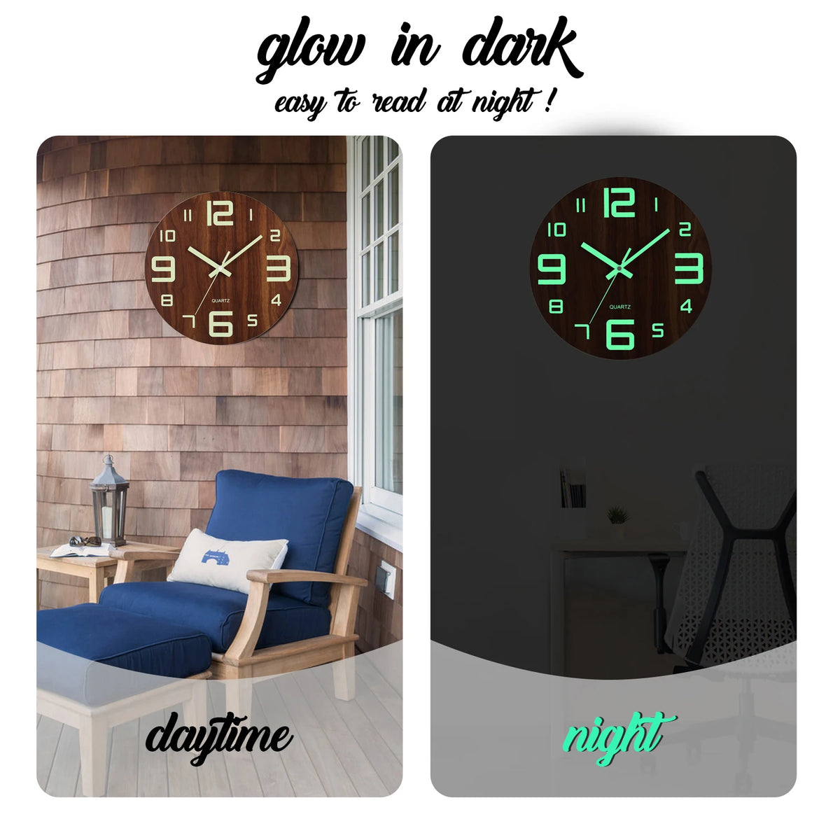 Reloj de pared de madera luminoso mostrando la hora y una vista nocturna.