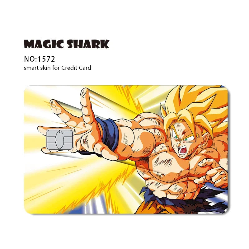 A vibrant illustration of a Super Saiyan character with spiky blonde hair and intense expression, used as a card skin design.