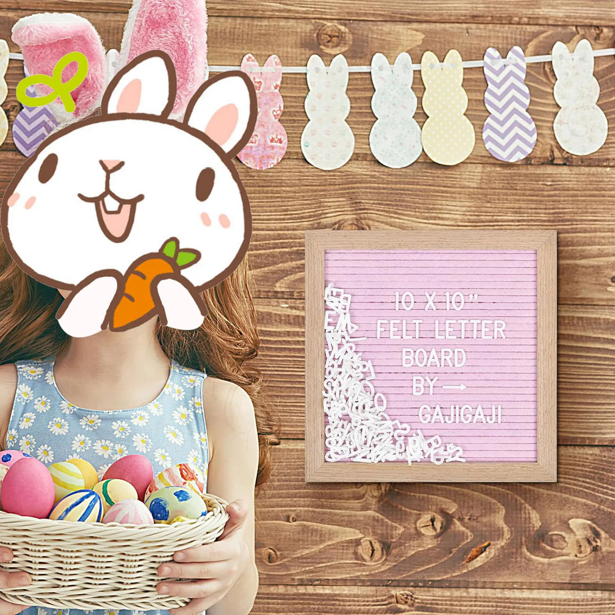 A pink felt letter board with white letters and a stand decorated with bunny shapes.