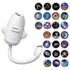 A white 2-in-1 Galaxy Projector and night light with an adjustable focus, shown with various colorful celestial images.