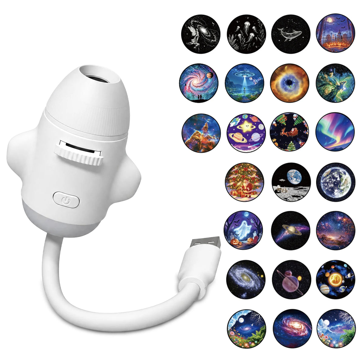 A white 2-in-1 Galaxy Projector and night light with an adjustable focus, shown with various colorful celestial images.