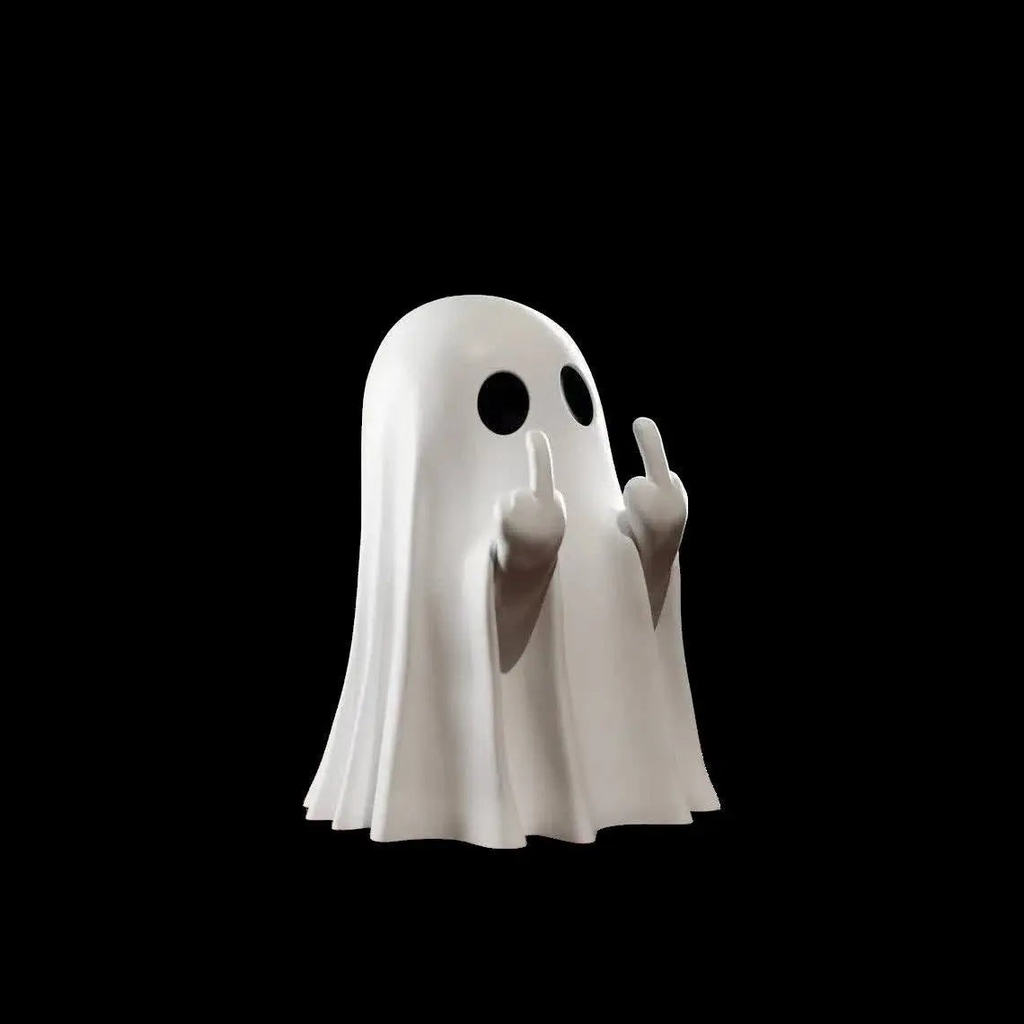 A white ghost figurine with raised hands against a black background.