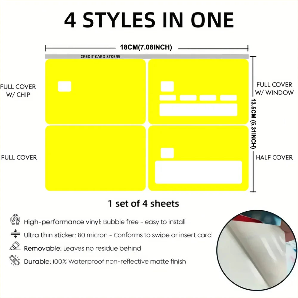 A set of four yellow credit card stickers showing different cover styles including full cover, half cover, and window designs