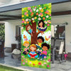 A vibrant vertical banner featuring a lush green tree covered in colorful spring flowers and smiling children reading books.