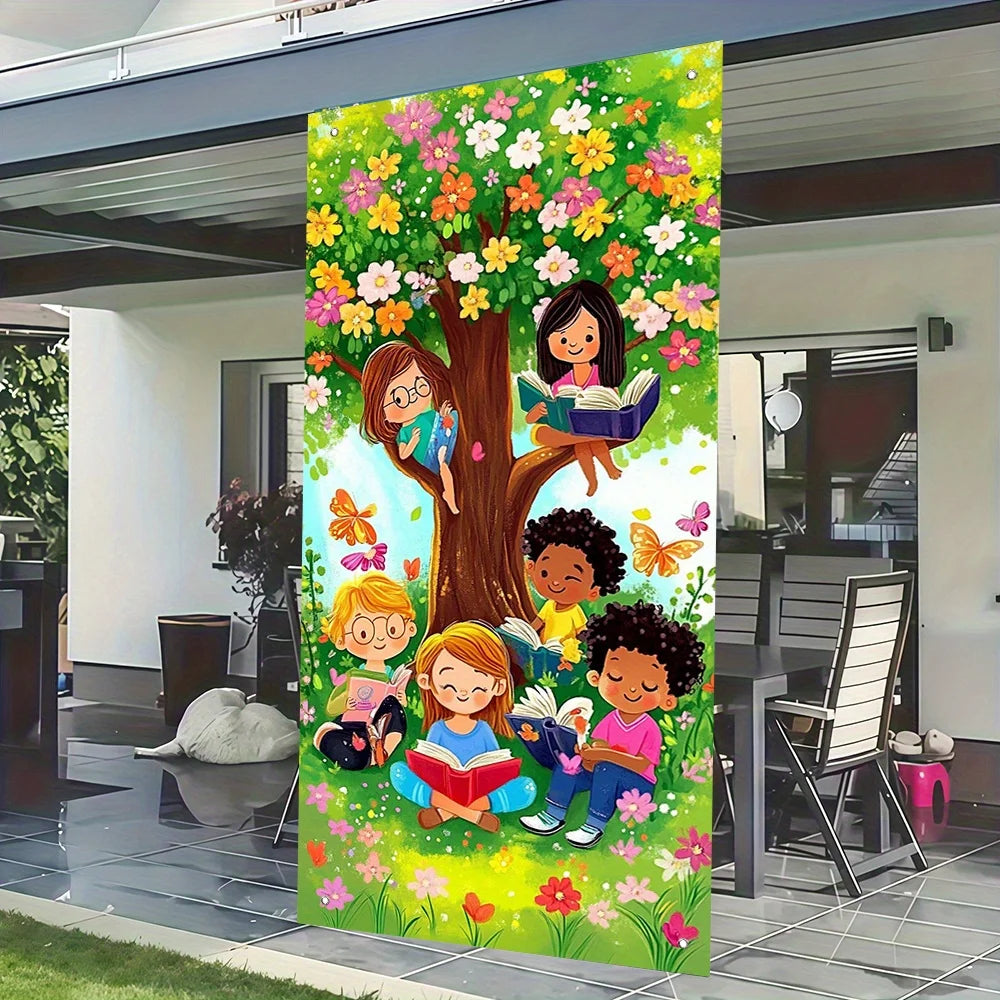 A vibrant vertical banner featuring a lush green tree covered in colorful spring flowers and smiling children reading books.