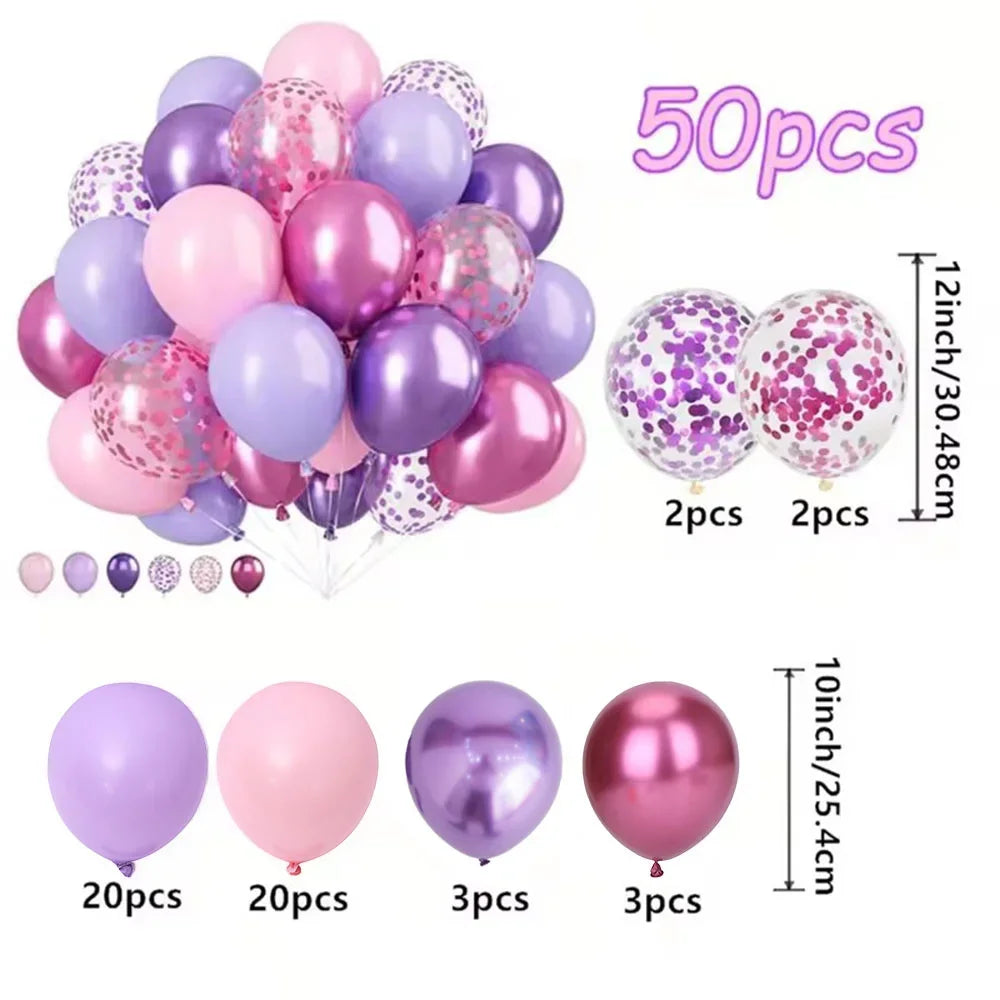 A set of 50 latex balloons in various colors including pink, purple, and metallic finishes with confetti details.