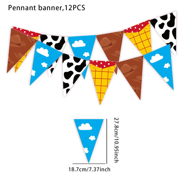 A decorative pennant banner featuring various patterns including clouds, black and white spots, and solid colors.
