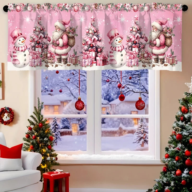 Festive Christmas valence curtains featuring Santa figures and festive greenery for kitchen or bedroom decor