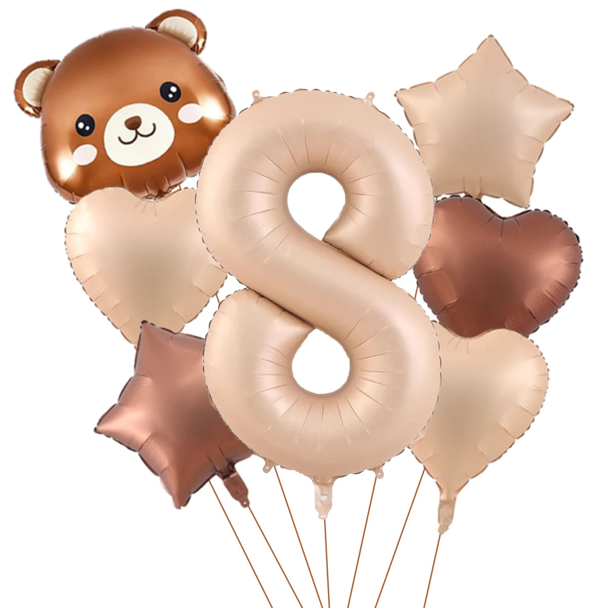 A set of foil balloons featuring a cute bear, the number eight, and various star-shaped balloons in gold and bronze colors.