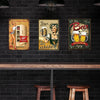 Three vintage metal tin signs featuring beer themes and illustrations for wall decor