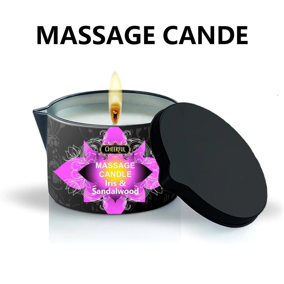 A black jar candle labeled Massage Candle with Iris & Sandalwood, featuring a lit wick and a black lid.