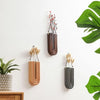 A set of handcrafted wooden wall-mounted hydroponic plant vases with dried floral arrangements on a white wall.