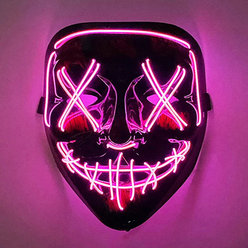 A glowing purple LED mask shaped like a skull with crossed eyes and a wide grin, used for Halloween cosplay.