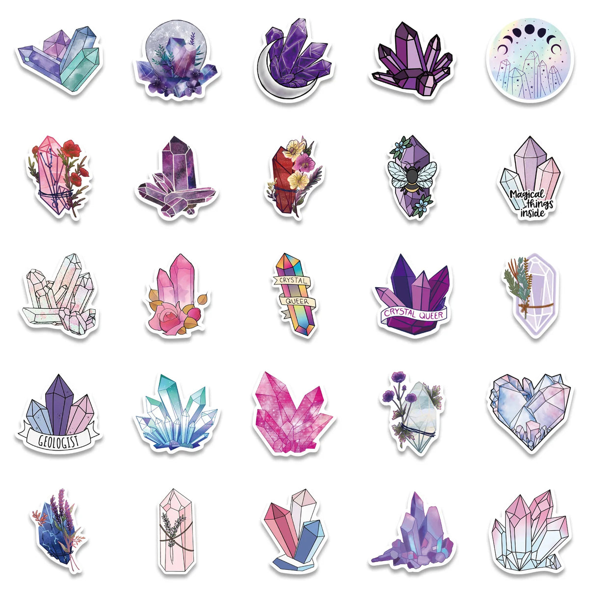A collection of decorative crystal and gemstone stickers featuring various colors and shapes for laptops and water bottles.