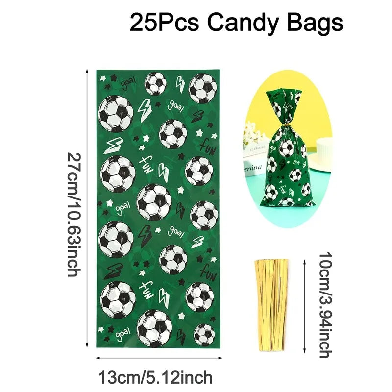 A set of 25 candy bags decorated with soccer balls and a banner, shown next to a gold-colored straw.
